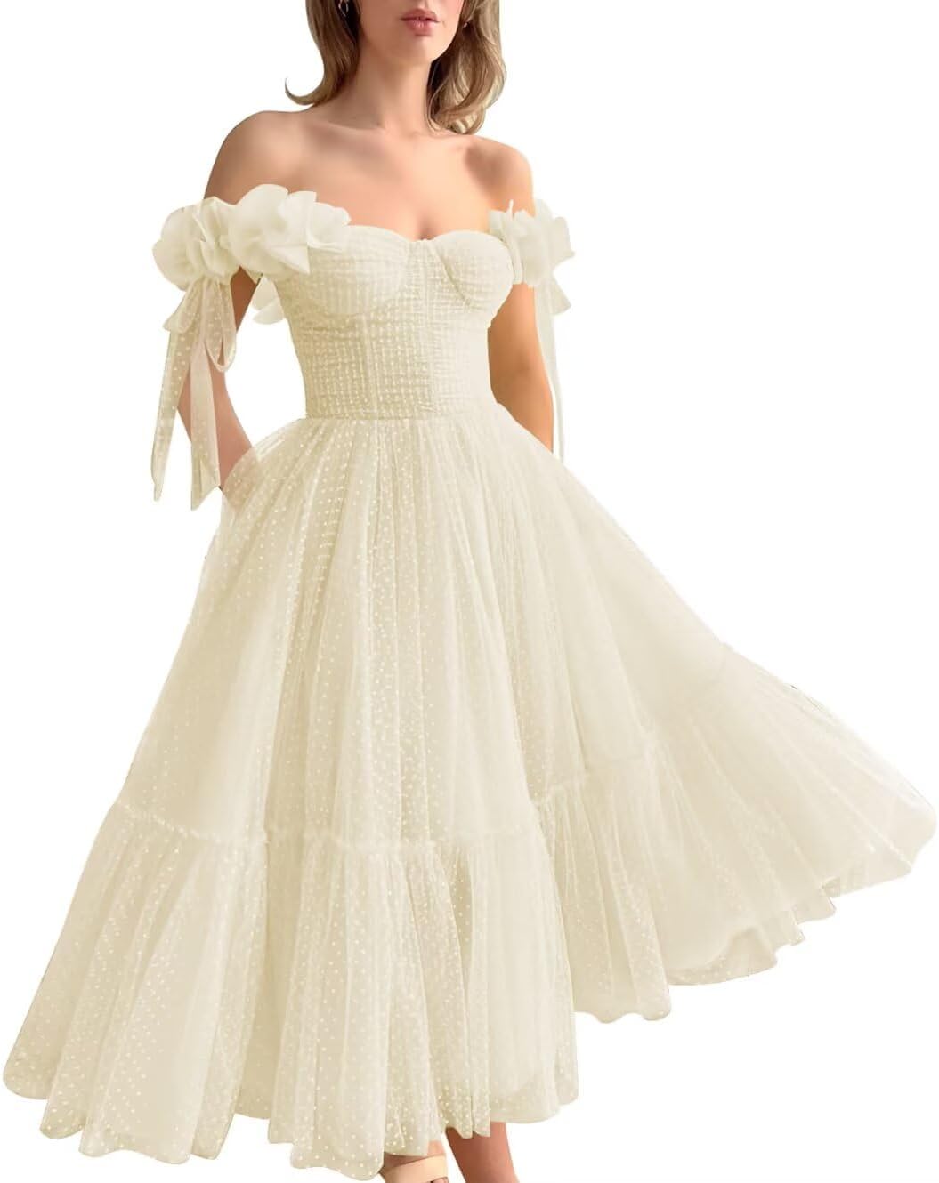 Dotted Tulle Off Shoulder Prom Dress for Women Sweetheart Midi Puffy Formal Party Gowns