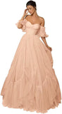 A-line Ruffled Short Sleeve Tulle Prom Dress for Women, Sweetheart Formal Gown Off The Shoulder Long Party Dress