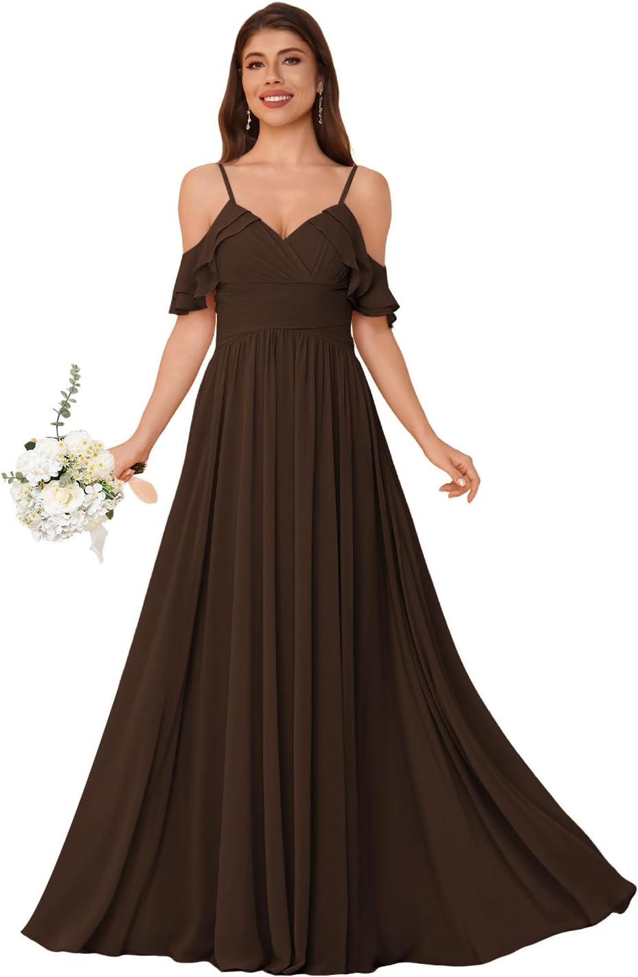 Women's Long Chiffon Bridesmaid Dresses Ruffle V Neck Formal Evening Prom Gown Spaghetti Strap Maxi Wedding Guest Dress