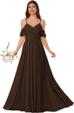 Women's Long Chiffon Bridesmaid Dresses Ruffle V Neck Formal Evening Prom Gown Spaghetti Strap Maxi Wedding Guest Dress