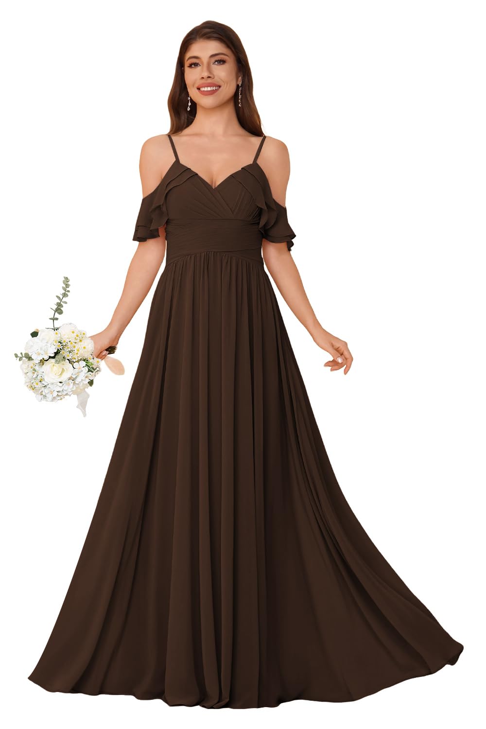 Women's Long Chiffon Bridesmaid Dresses Ruffle V Neck Formal Evening Prom Gown Spaghetti Strap Maxi Wedding Guest Dress