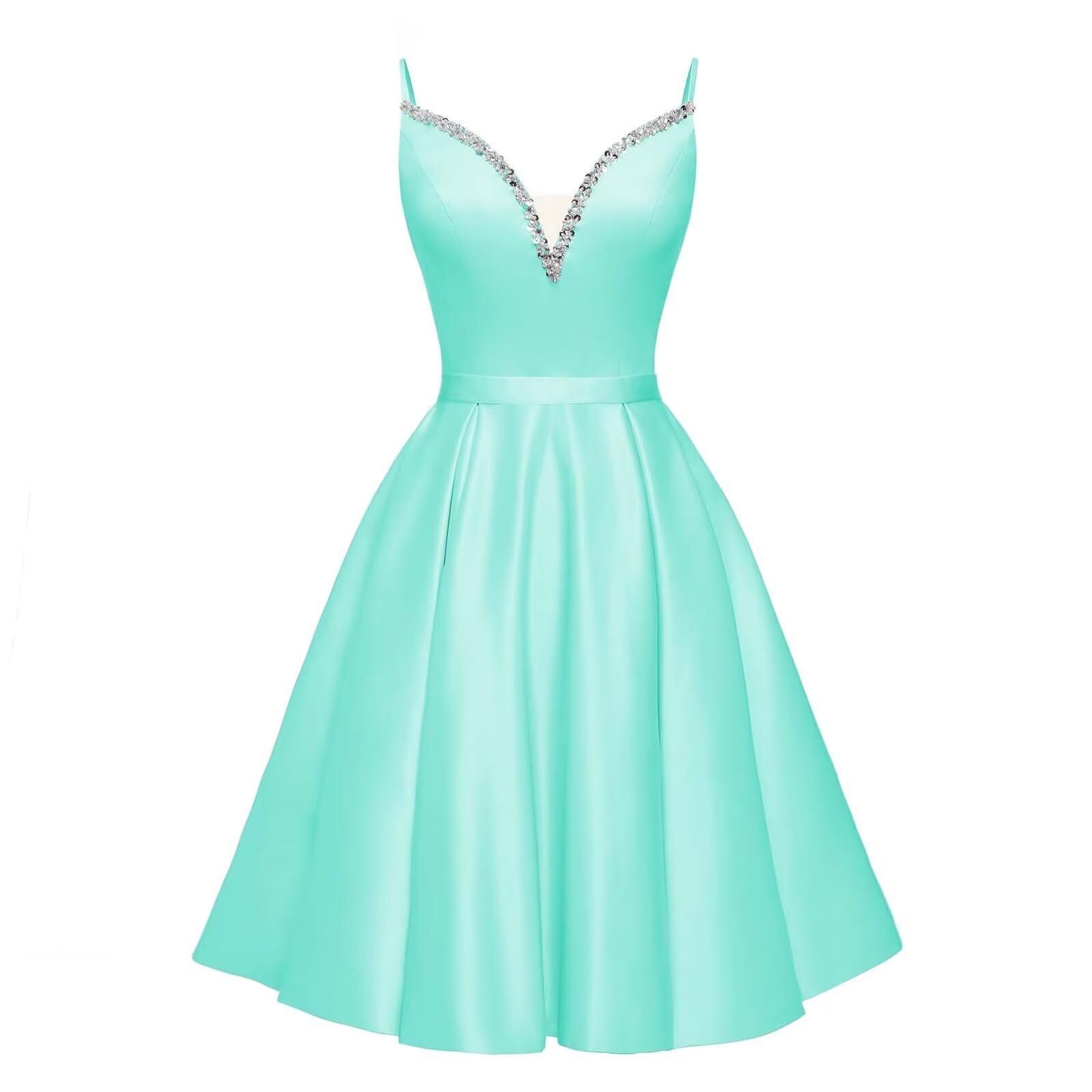 Spaghetti Straps Satin Homecoming Dresses for Teens V-Neck Short Prom Dress A-Line Beaded Cocktail Party Gowns