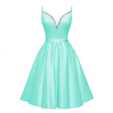 Spaghetti Straps Satin Homecoming Dresses for Teens V-Neck Short Prom Dress A-Line Beaded Cocktail Party Gowns