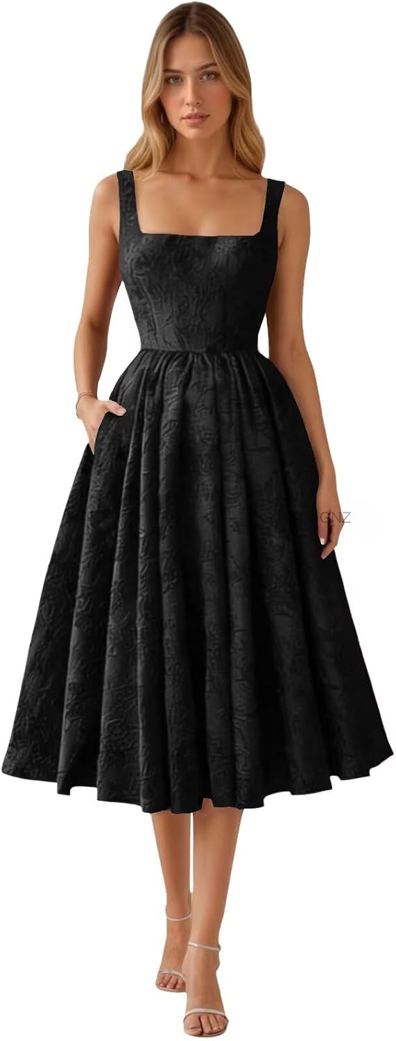 Floral Jacquard Satin Prom Dresses for Women Tea Length Formal Evening Party Dress with Pockets
