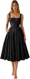 Floral Jacquard Satin Prom Dresses for Women Tea Length Formal Evening Party Dress with Pockets