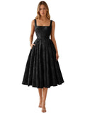 Floral Jacquard Satin Prom Dresses for Women Tea Length Formal Evening Party Dress with Pockets