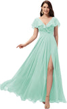Vestidos de dama de honor largos con escote en V y volantes de gasa para mujer, vestidos de noche formales