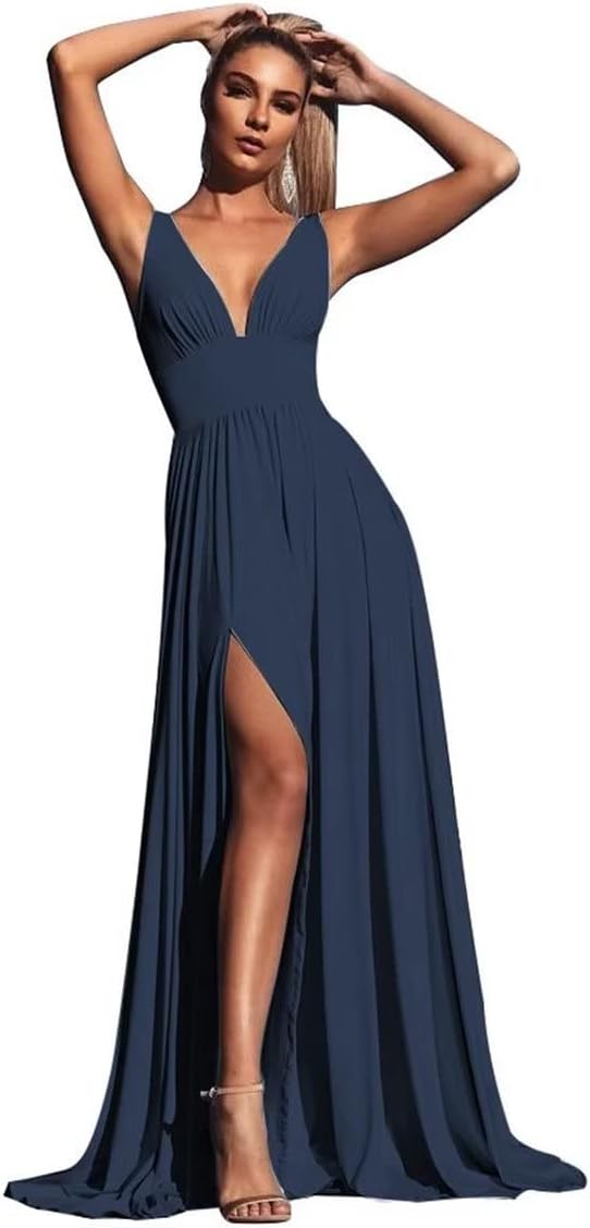 V-Ausschnitt Satin Brautjungfernkleider für Hochzeiten Geteilte Ballkleider Lange A-Linie Abendkleider für Damen 