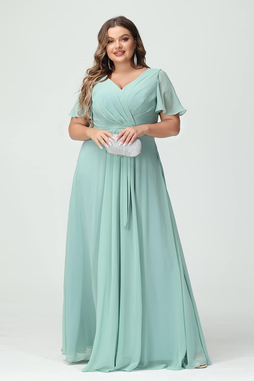 Plus Size Bridesmaid Dresses with Pockets V Neck Chiffon Flutter Sleeves Formal Evening Gowns with Slit