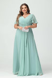 Plus Size Bridesmaid Dresses with Pockets V Neck Chiffon Flutter Sleeves Formal Evening Gowns with Slit