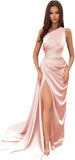 Vestidos de dama de honor largos con un hombro al descubierto y pliegues de satén estilo sirena para fiesta de boda formal 