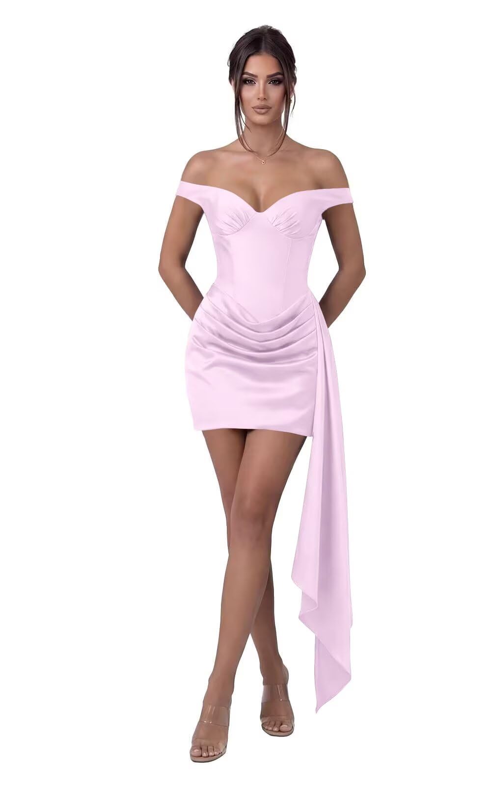 Satin Homecoming Dresses for Teens 2026 Off Shoulder Short Prom Dress Tight Pleated Cocktail Party Gowns