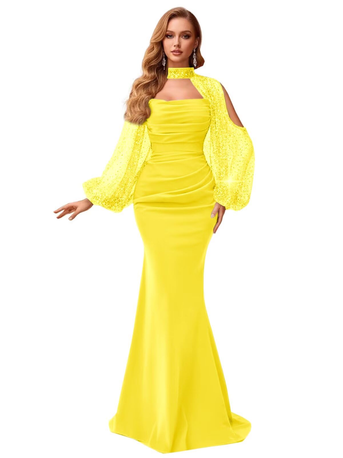 Kingbridal Gowns Long Sleeve Prom Dresses 2026 Mermaid Satin Formal Dress for Women Sparkly Sequin Halter Neck Evening Party Gowns