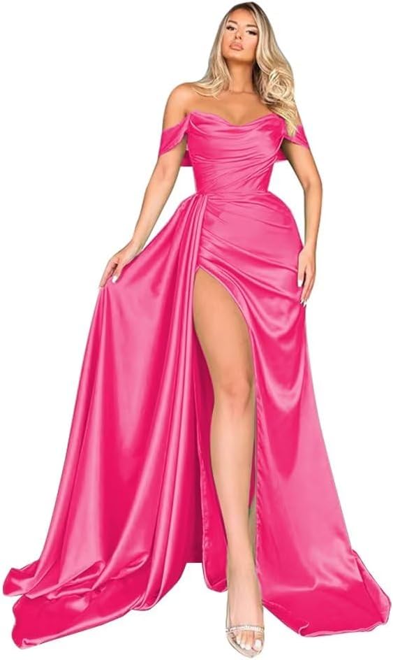 Off Shoulder Satin Bridesmaid Dresses Long Formal Gown for Wedding Ruched Prom Dress with Slit