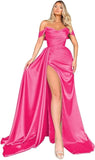 Off Shoulder Satin Bridesmaid Dresses Long Formal Gown for Wedding Ruched Prom Dress with Slit