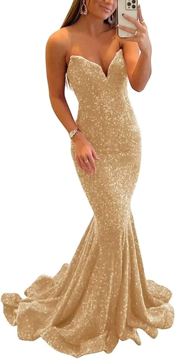 Women's Strapless Sequin Prom Dresses with Train Criss-Cross Mermaid Long Formal Evening Gowns