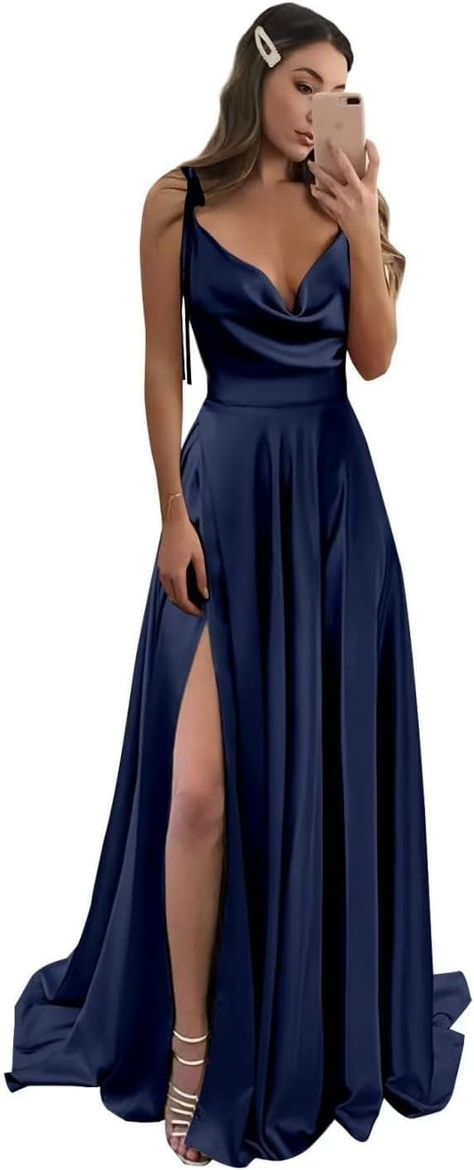 Vestidos de fiesta largos de satén con abertura alta para mujer, 2024, tirantes finos ajustables, vestidos de fiesta formales con bolsillos 