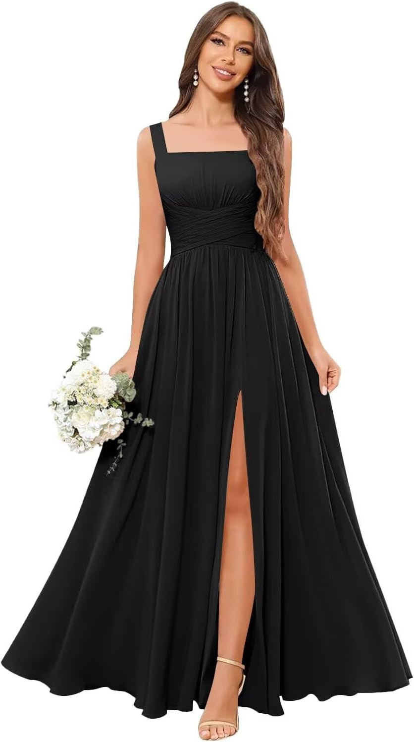 Kingbridal Chiffon A-line Bridesmaid Dresses for Women 2027 Long Square Neck Pleated Formal Evening Party Dress with Slit