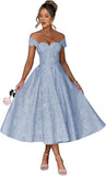 Off Shoulder Tea Length Prom Dress for Women Satin Floral Jacquard A Line Corset Cocktail Dress