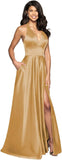 Womens Satin Prom Dresses Long with Slit Halter Evening Formal Gowns for Women with Pockets