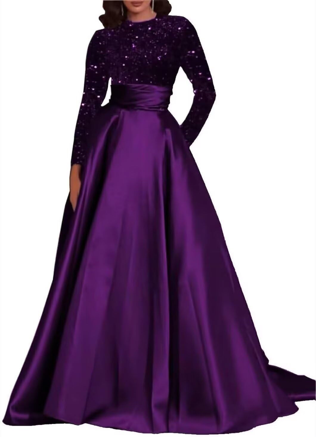 Kingbridal Gowns Long Sleeve Sequin Prom Dresses for Women Satin A-line Formal Dress 2026 Sparkly Evening Party Gowns with Pockets