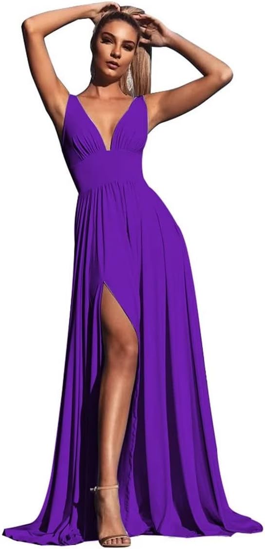 V-Ausschnitt Satin Brautjungfernkleider für Hochzeiten Geteilte Ballkleider Lange A-Linie Abendkleider für Damen 