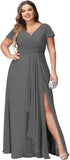 Vestidos de dama de honor de talla grande con mangas con volantes y bolsillos, vestido formal largo con escote en V y abertura. 