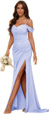 Vestidos de dama de honor de satén con hombros descubiertos para mujer, vestidos formales largos de sirena fruncidos con abertura 