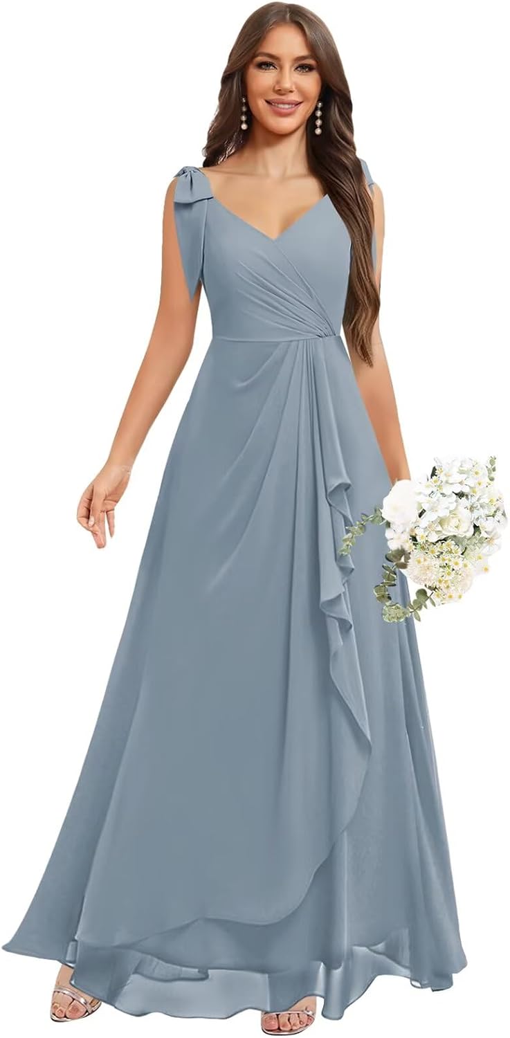 Chiffon Bridesmaid Dresses for Women Ruffles V Neck Flowy Long Formal Evening Dress with Bow