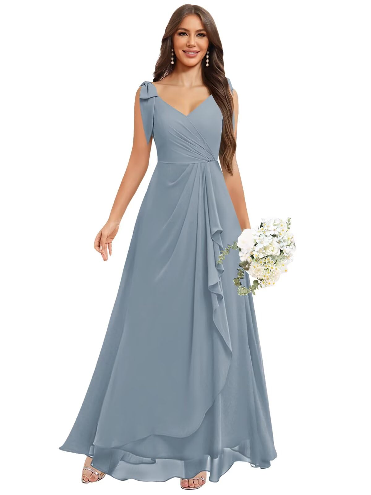 Chiffon Bridesmaid Dresses for Women Ruffles V Neck Flowy Long Formal Evening Dress with Bow