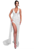 Sparkly Sequin Halter Prom Dresses for Women Mermaid Formal Dress with Slit Backless Ruched Evening Party Gowns