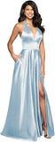 Womens Satin Prom Dresses Long with Slit Halter Evening Formal Gowns for Women with Pockets