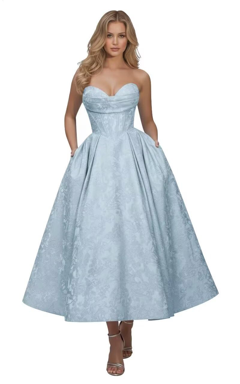 Strapless Floral Satin Prom Dresses for Women 2026 Jacquard Aline Formal Evening Party Dress with Pockets
