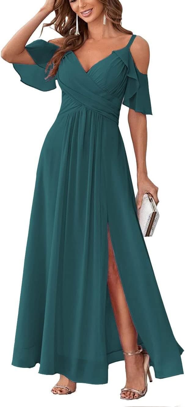 Women's Cold Shoulder Bridesmaid Dresses Long Summer Side Slit Chiffon Formal Evening Gown with Pockets