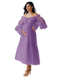Eightale Tulle Tea Length Maternity Dresses for Photo Shoot Long Sleeve Pregnancy Gown for Baby Shower