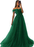 Off The Shoulder Tulle Prom Dresses 2027 Lace Applique A Line Long Sparkly Formal Evening Party Gowns