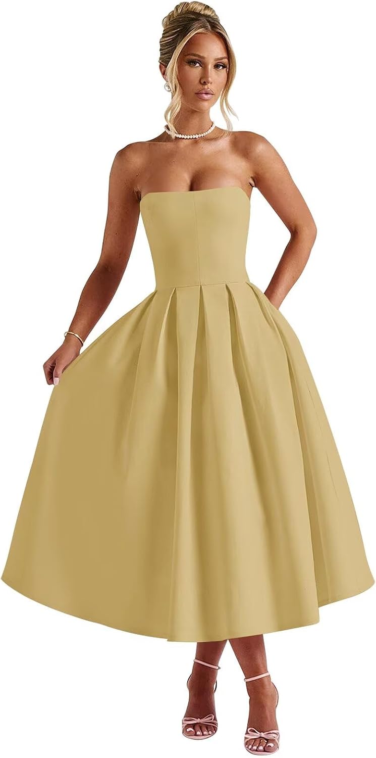 Strapless Satin Tea Length Prom Dresses for Women 2027 A-Line Corset Backless Cocktail Bridesmaid Dress with Pocket