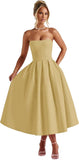 Strapless Satin Tea Length Prom Dresses for Women 2027 A-Line Corset Backless Cocktail Bridesmaid Dress with Pocket
