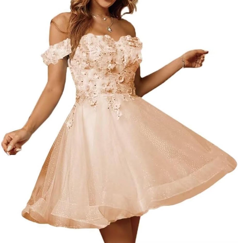 Sparkly Tulle Homecoming Dresses for Teens 2027 3D Flowers Cocktail Gowns Off Shoulder Short Prom Dresses