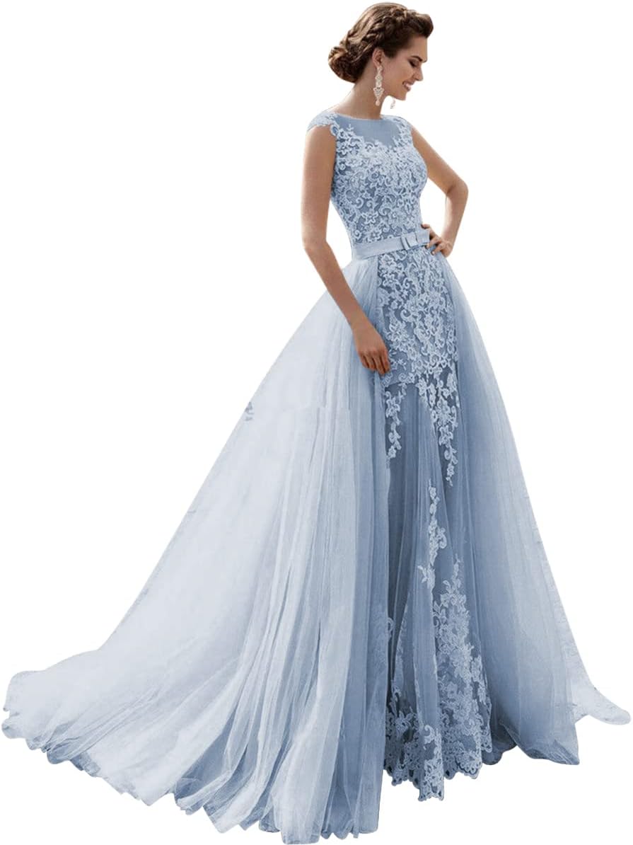 Mermaid Lace Cap Wedding Dress with Detachable Tulle Train for Bride Evening Prom Gown