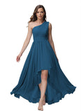 Vestido de dama de honor de un solo hombro para mujer, vestido formal de noche de gasa con bolsillos y corte alto bajo