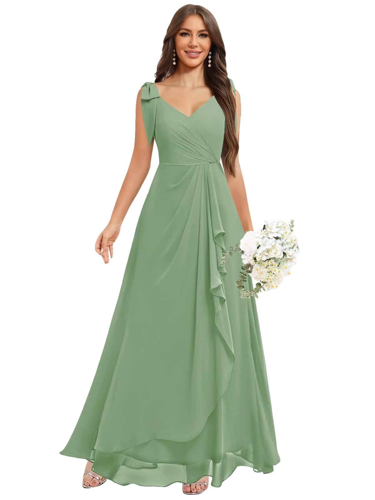 Chiffon Bridesmaid Dresses for Women Ruffles V Neck Flowy Long Formal Evening Dress with Bow