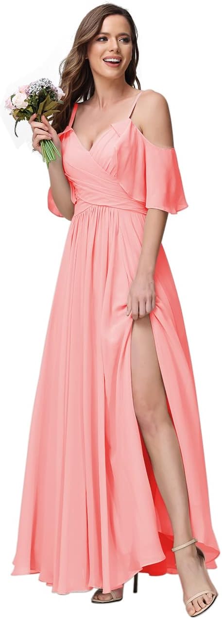Women's Long Spaghetti Straps Bridesmaid Dress with Slit Off Shoulder Chiffon Formal Party Gowns