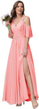 Women's Long Spaghetti Straps Bridesmaid Dress with Slit Off Shoulder Chiffon Formal Party Gowns