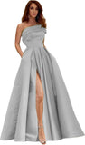 Women's One Shoulder Prom Dresses Long Satin Side Slit Formal Evening Gowns with Pockets