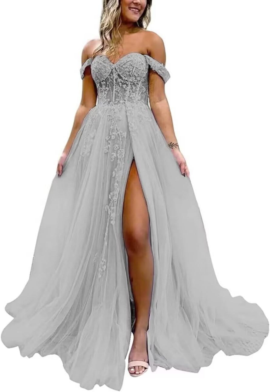 Off The Shoulder Tulle Prom Dress with Laces Applique A-line Slit Long Ball Gowns Glitter Formal Evening Dress