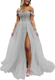 Off The Shoulder Tulle Prom Dress with Laces Applique A-line Slit Long Ball Gowns Glitter Formal Evening Dress