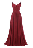 Women's Lace Chiffon Bridesmaid Dresses for Wedding Long Spaghetti Straps Bodice Formal Party Gown with Pockets
