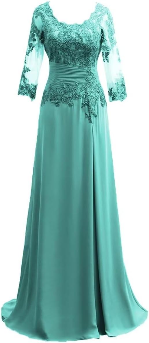 Women's Lace Appliqued Mother of The Bride Dresses 3/4 Sleeves Scoop Long Formal Evening Dress