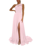 One Shoulder Chiffon Bridesmaid Dresses for Wedding 2026 Lace A-Line Slit Formal Evening Party Gown with Pockets